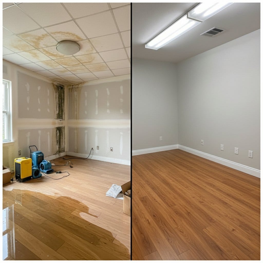 Before and after emergency water removal in Haworth two-story residence bedroom