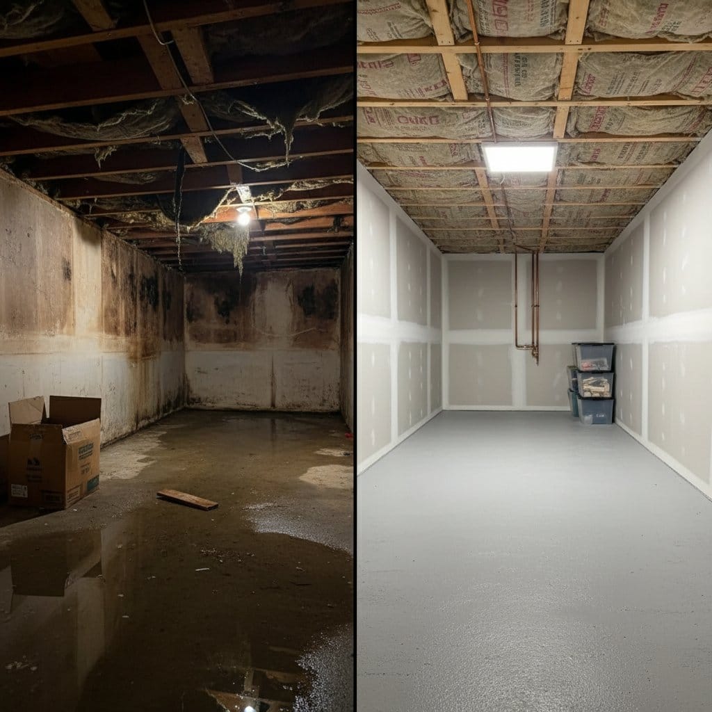 Basement Flood Cleanup restoration — crawl space of multi-family property in Haworth, NJ