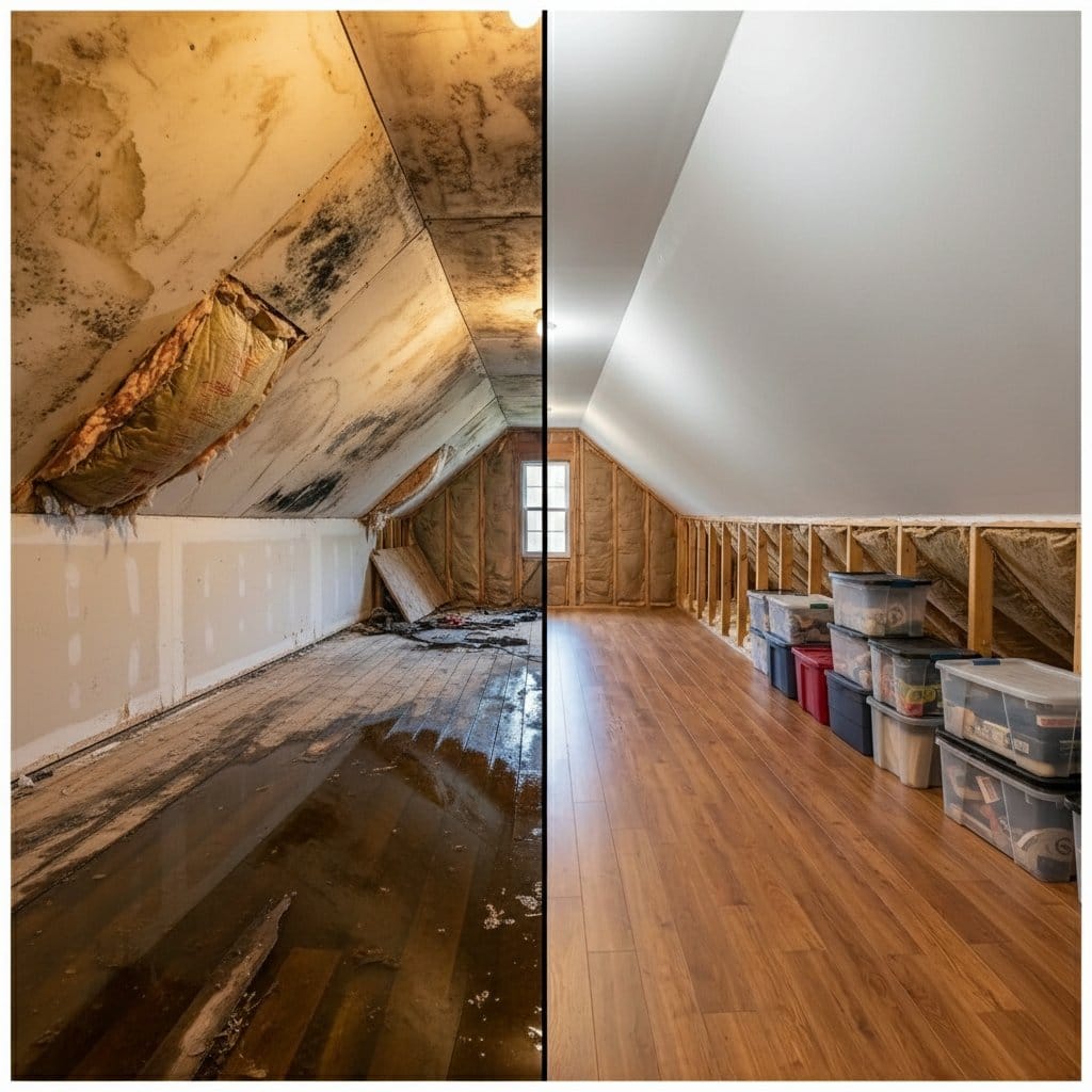 Before and after basement flood cleanup in Haworth commercial property attic space