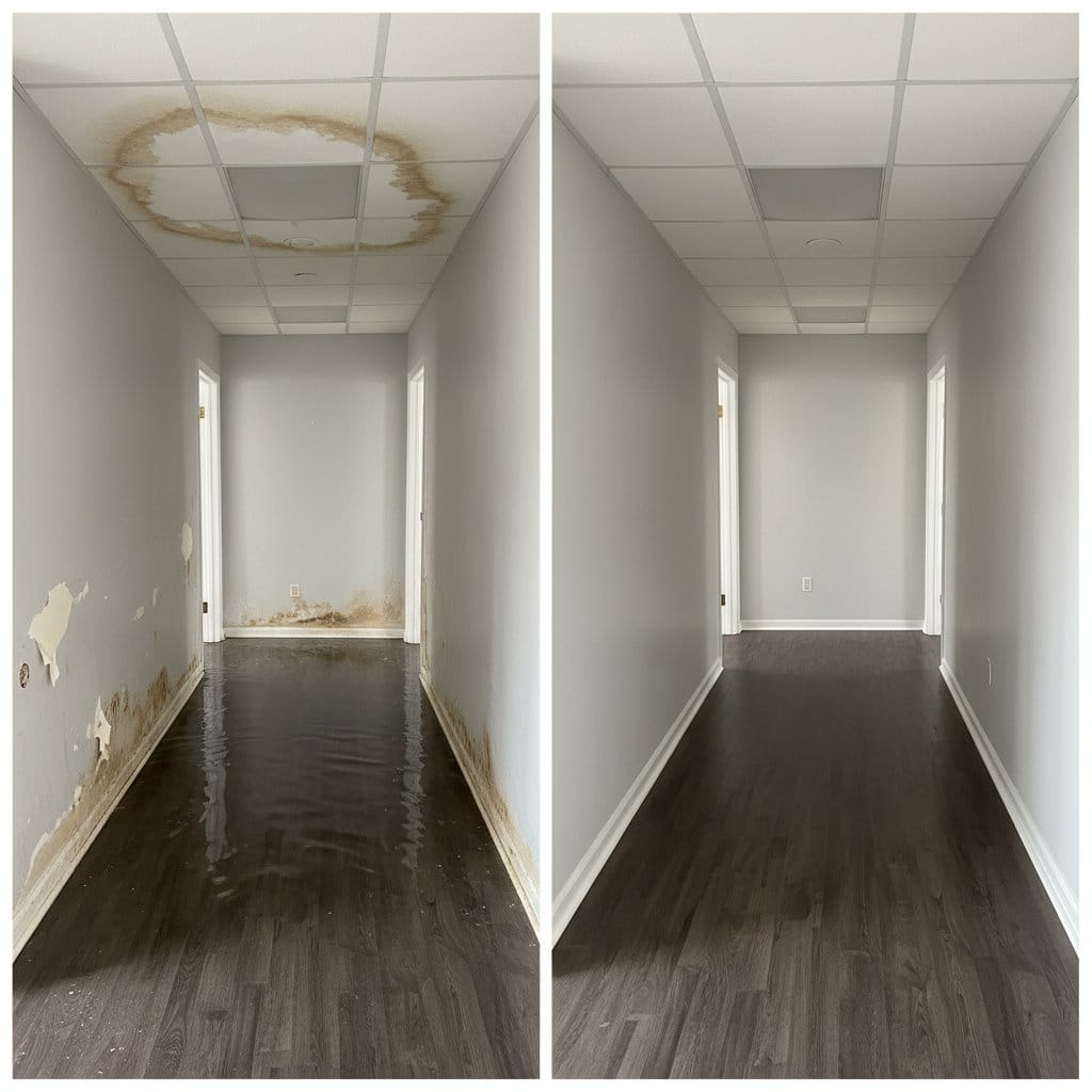 Burst Pipe & Plumbing Leak Damage before and after in hallway, Haworth NJ