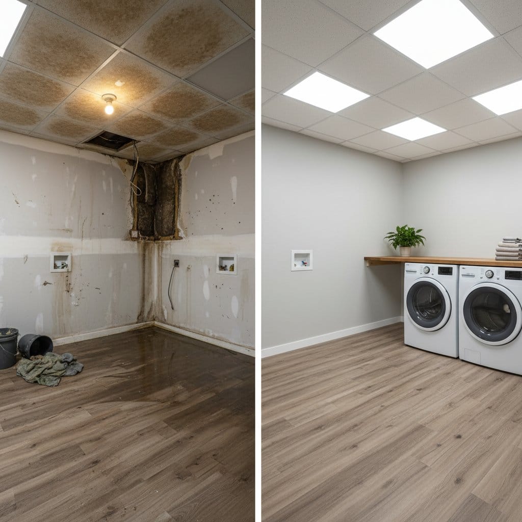 Burst Pipe & Plumbing Leak Damage restoration — laundry room of contemporary home in Haworth, NJ