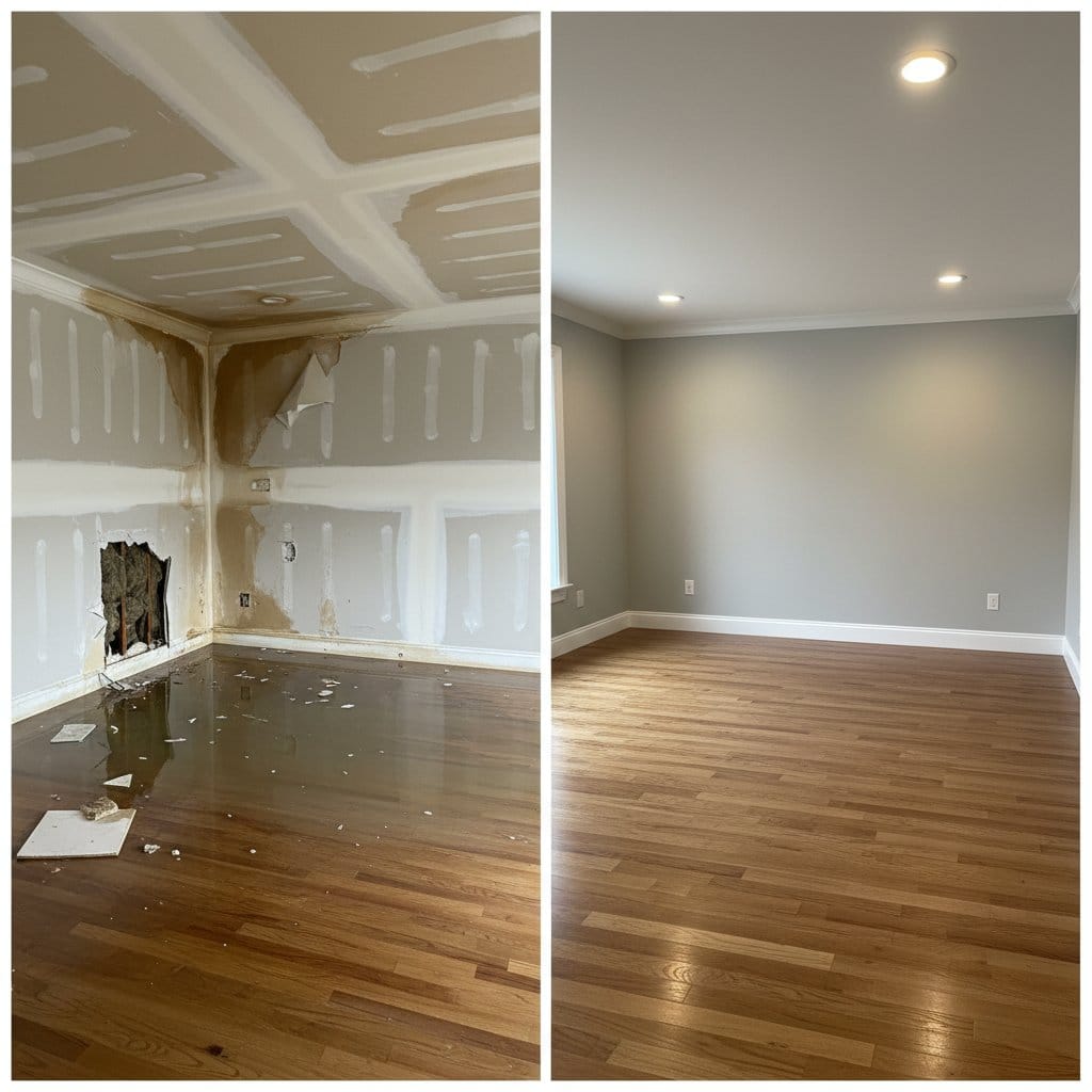 Before and after burst pipe & plumbing leak damage in Haworth bungalow dining room