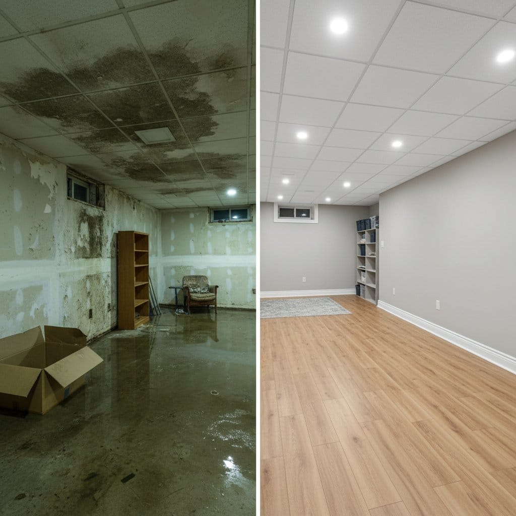 Storm & Roof Leak Water Damage before and after in finished basement, Haworth NJ