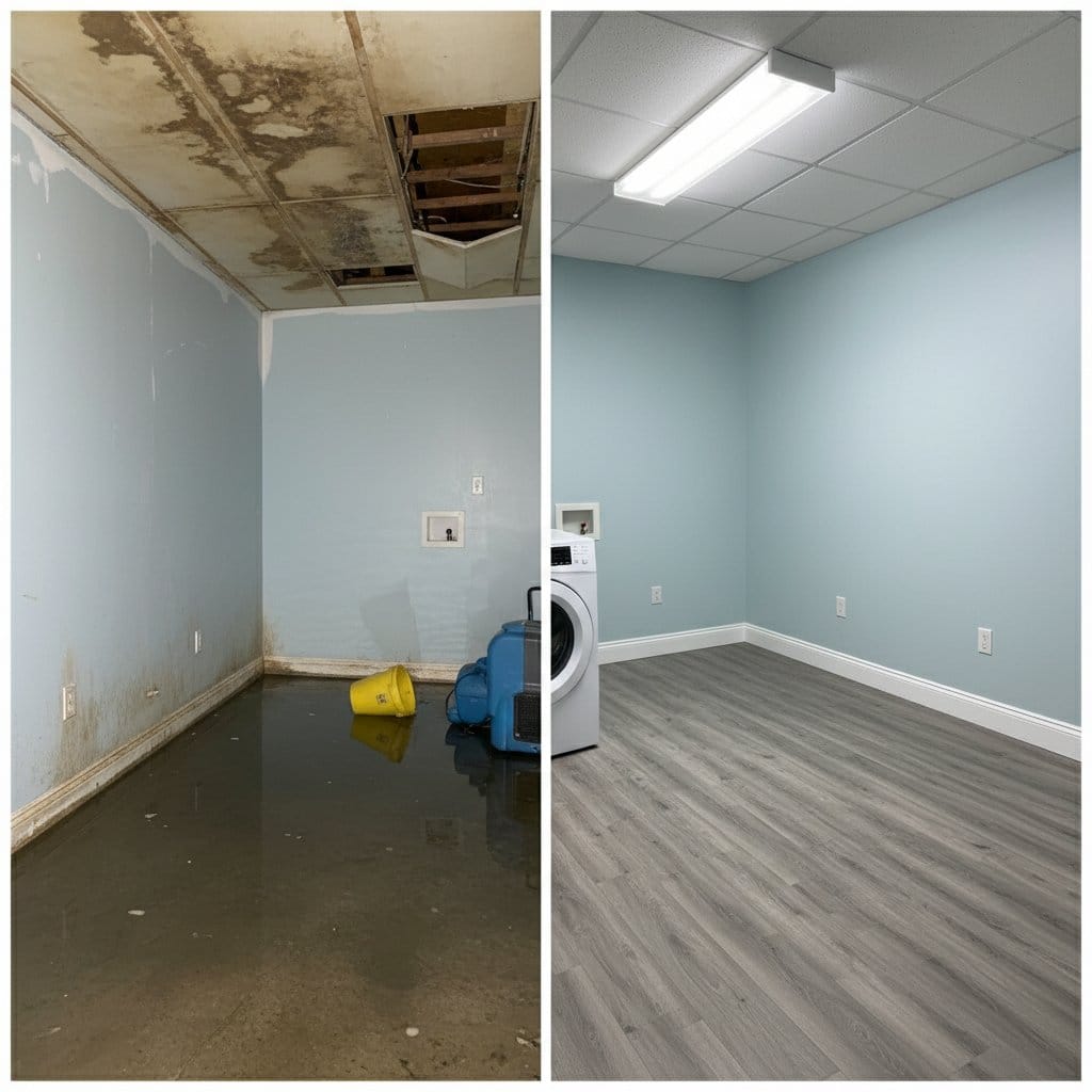 Storm & Roof Leak Water Damage restoration — utility room of split-level home in Haworth, NJ