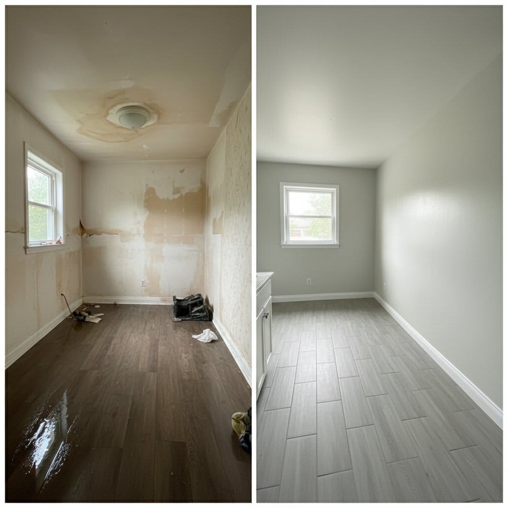 Before and after sewage backup cleanup in Haworth private residence bathroom