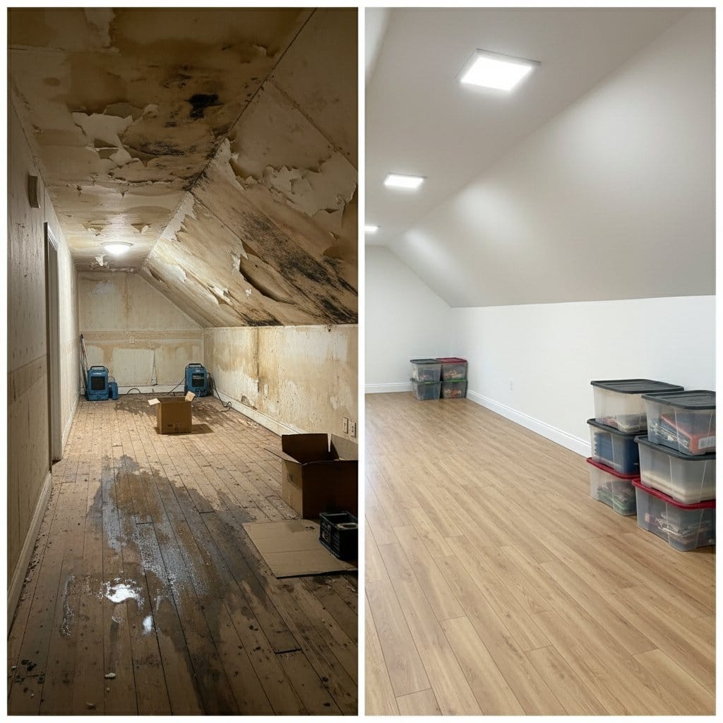 Before and after carpet & flooring water damage cleanup in Haworth single-family home attic space