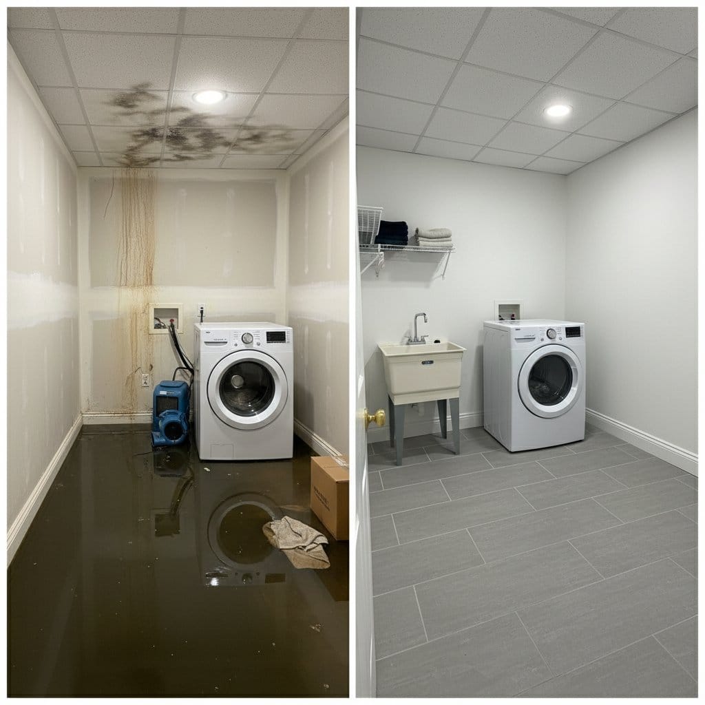 Wall & Ceiling Dry-Out restoration β laundry room of Cape Cod house in Haworth, NJ