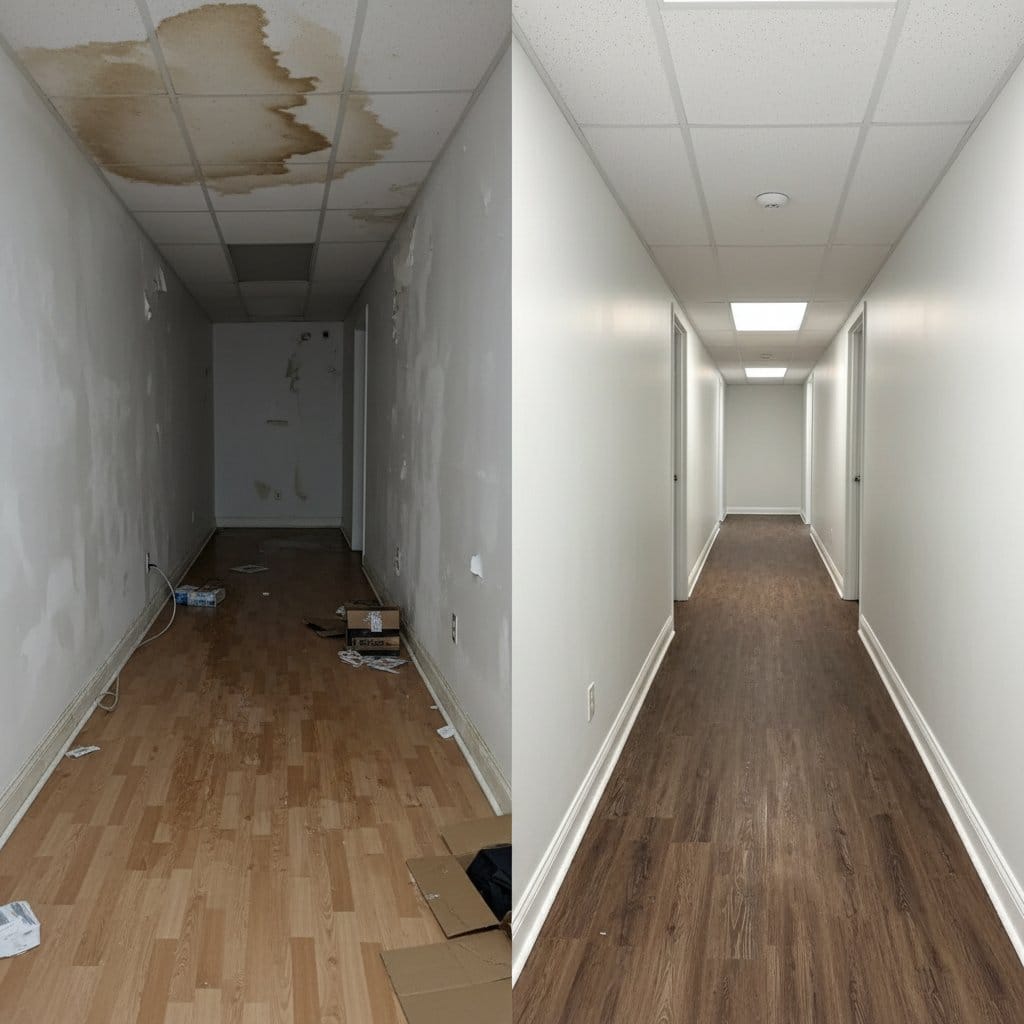 Before and after content drying & property cleanup in Haworth townhouse storefront interior