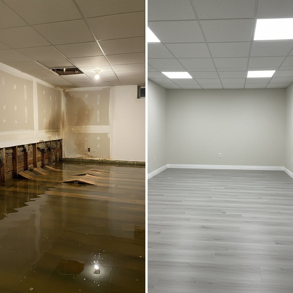 Mold Prevention After Water Damage before and after in residential basement, Haworth NJ