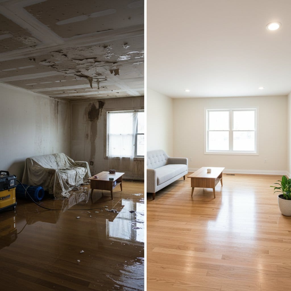 Haworth Water Damage Restoration living room restoration before and after in Haworth
